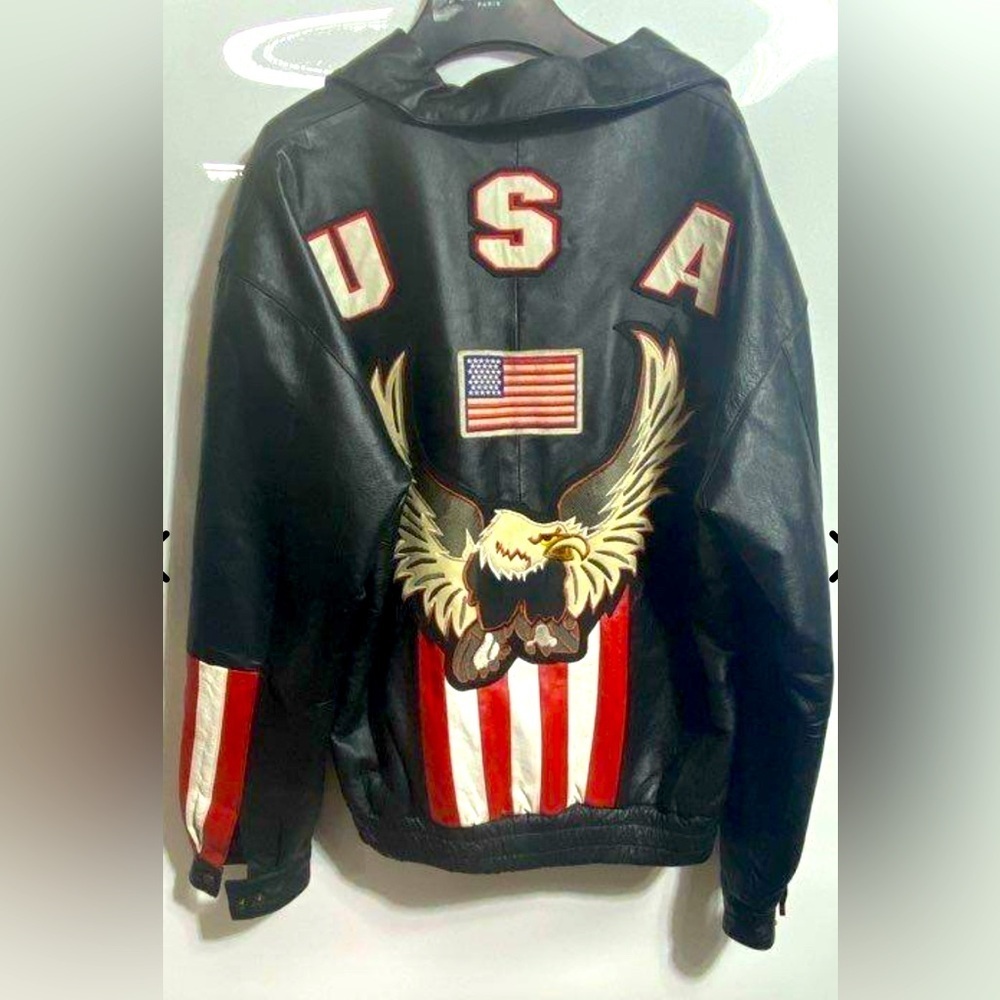 VINTAGE American Leather Men's USA Flag Eagle Jacket Bomber Biker Size: XL - Picture 2 of 5